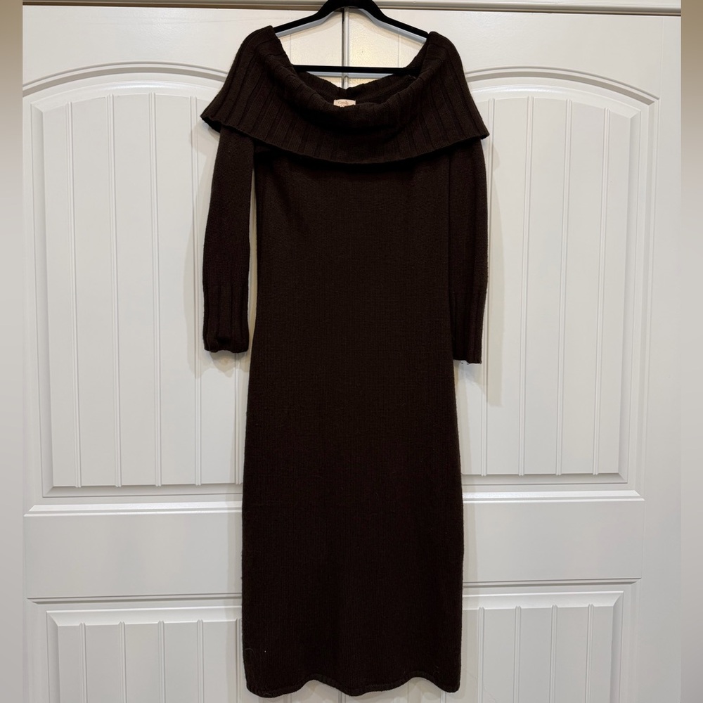 Brown off the shoulder midi sweater dress